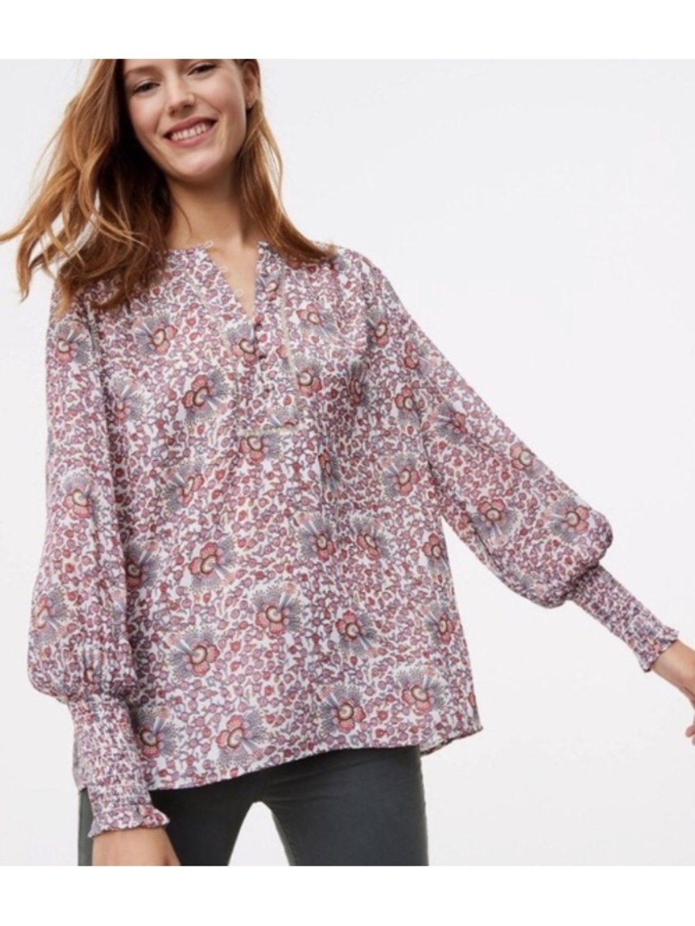 Ann Taylor LOFT Floral Pleated Smocked Cuff Blouse White XXL